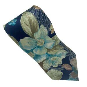 JT Beckett Silk Floral Tie Navy Blue With Green & Brown Accents 59" x 4"